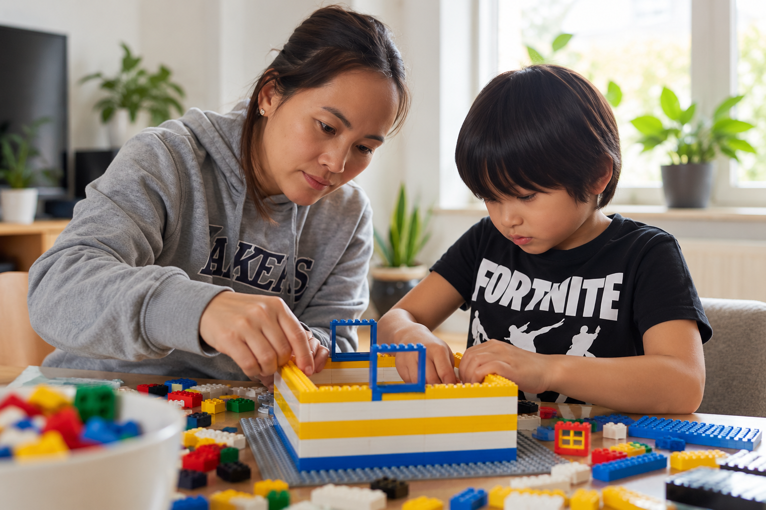 Voksen og barn bygger LEGO